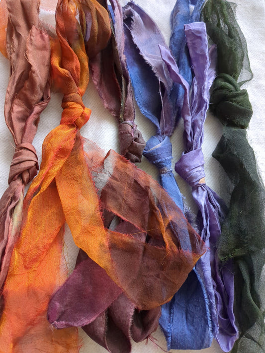 6 assorted hand dyed silk ribbons ass width- SRpk20
