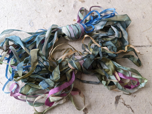 Approx 12m assorted widths of hand dyed silk embroidery ribbons ass width- SR38