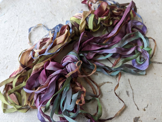 Approx 12m assorted widths of hand dyed silk embroidery ribbons ass width- SR39