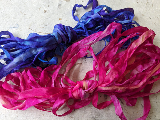 Approx 12m assorted widths of hand dyed silk embroidery ribbons ass width- SR42