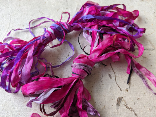 Approx 12m assorted widths of hand dyed silk embroidery ribbons ass width- SR63