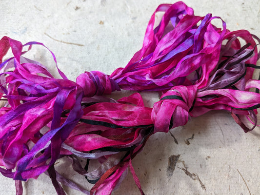 Approx 12m assorted widths of hand dyed silk embroidery ribbons ass width- SR67