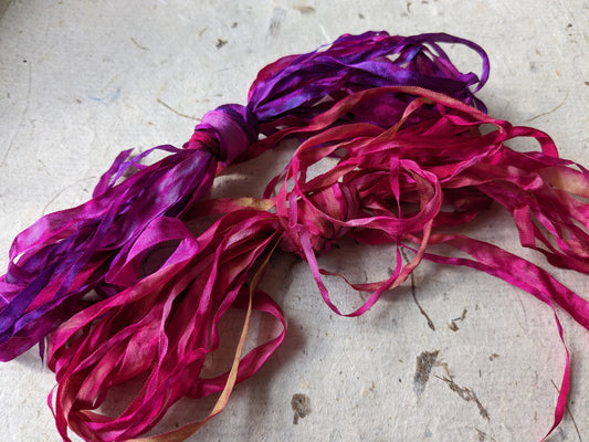 Approx 12m assorted widths of hand dyed silk embroidery ribbons ass width- SR71