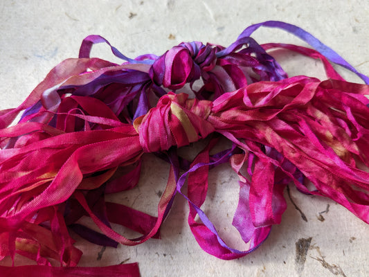 Approx 12m assorted widths of hand dyed silk embroidery ribbons ass width- SR73