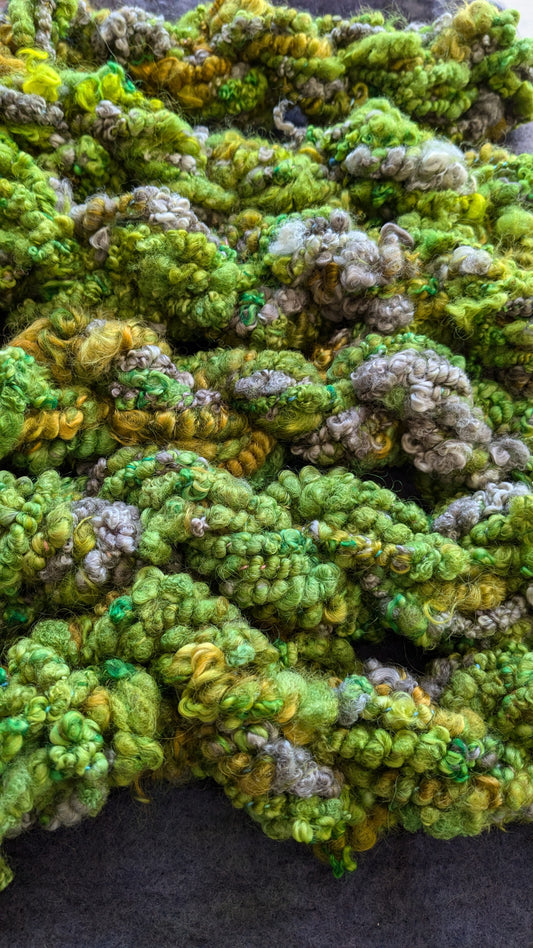 Hand spun art yarns ideal for mixed media textiles projects 40g Moss with mushroom