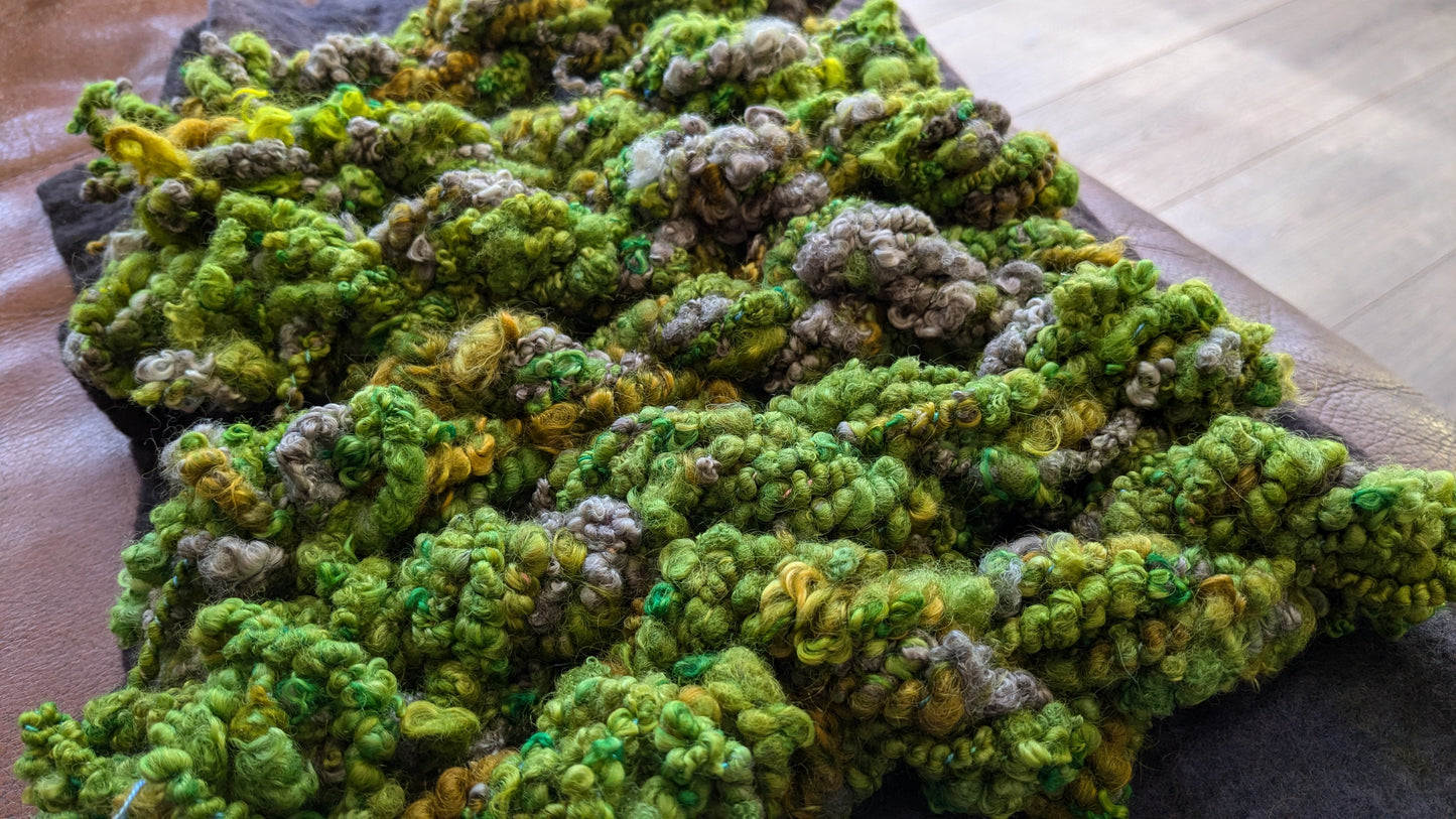 Hand spun art yarns ideal for mixed media textiles projects 40g Moss with mushroom