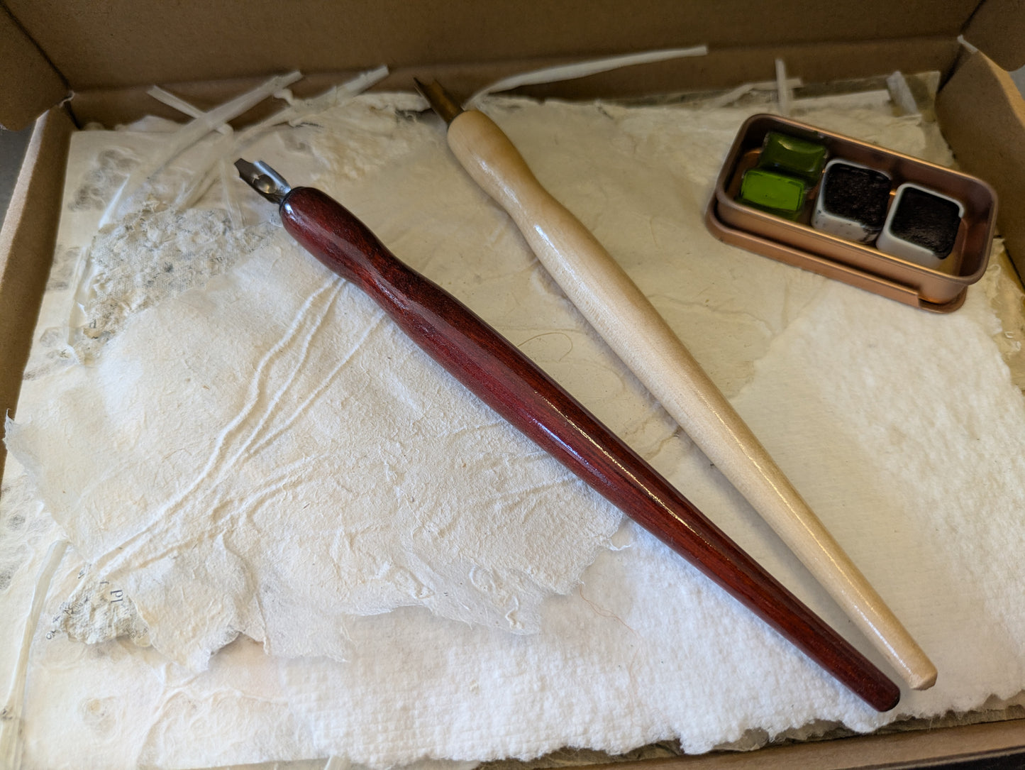 Studio destash, A5 box of hand made papers, dip pens and hand made paint MMbox02