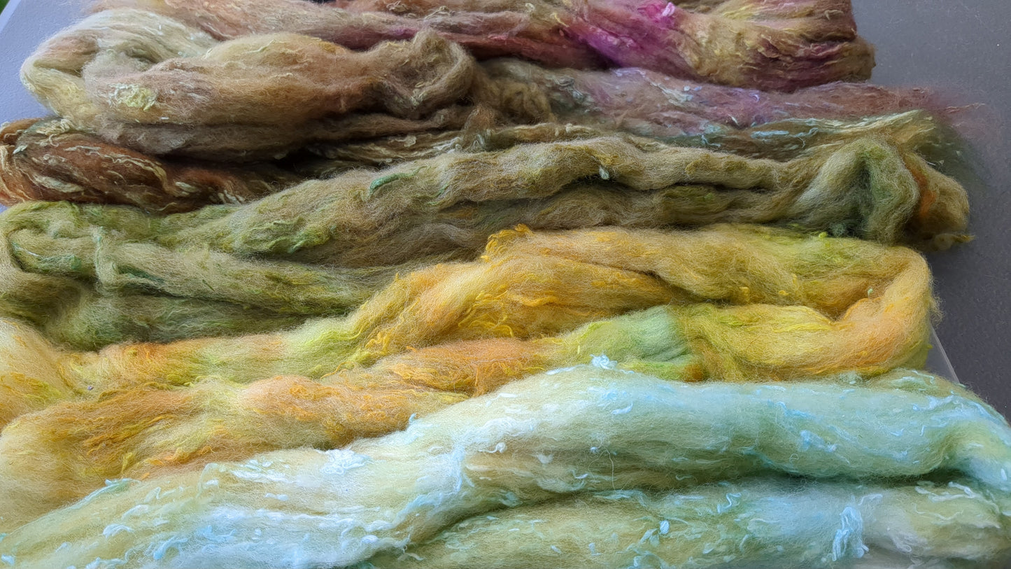 Merino with silk slubs hand dyed layers great to needle felt or wet felt 100g MSS04