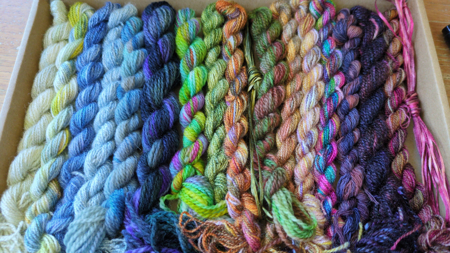 Assorted skeins of hand dyed silk threads, silk ribbons and raffia- a great mix of colours - Box06
