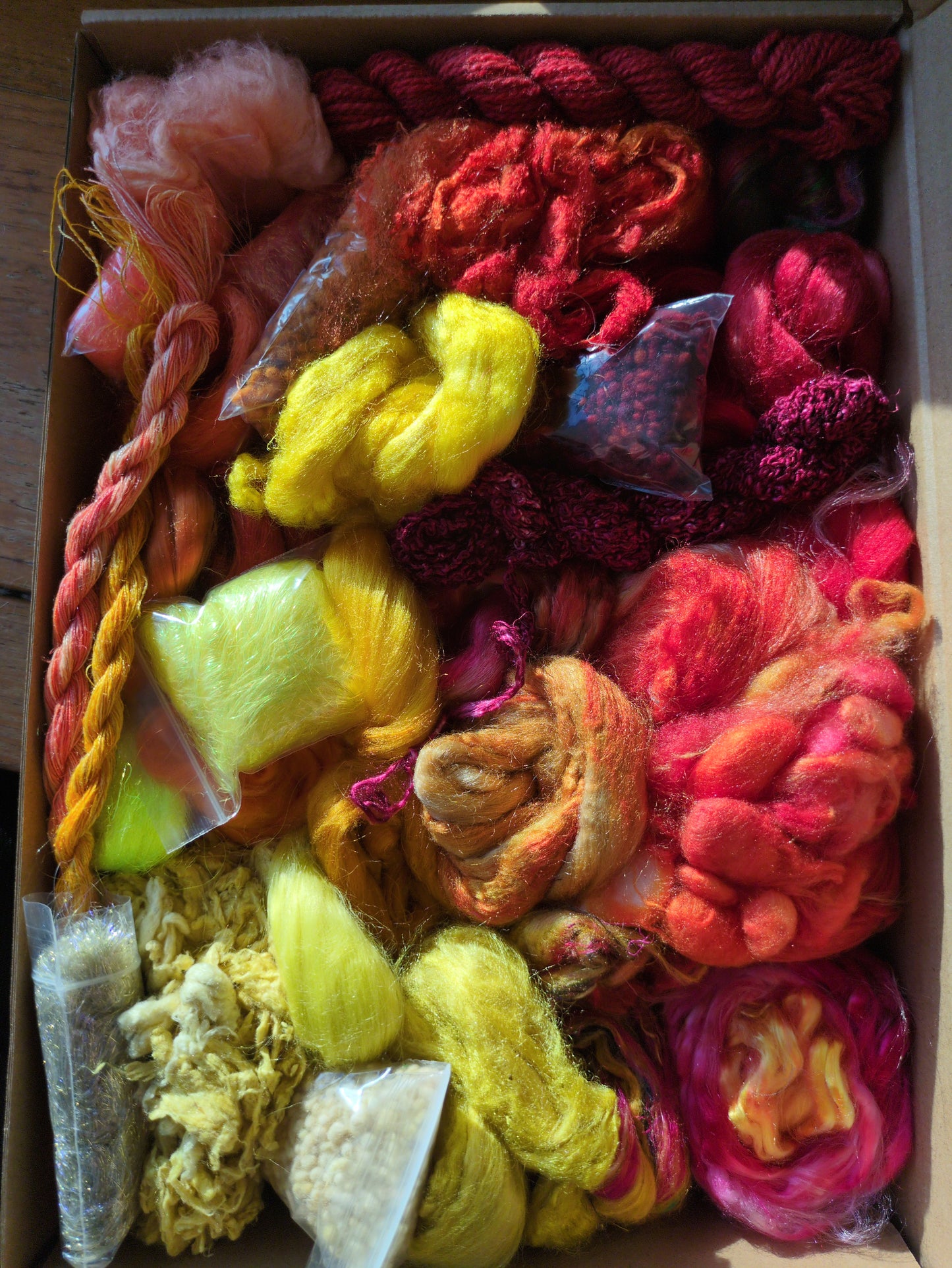 Hand dyed speciality lux texture fibre box - approx 160g fibres - box09