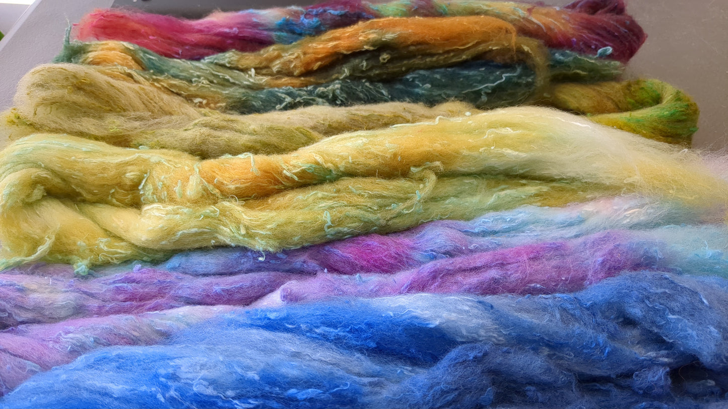 Merino with silk slubs hand dyed layers great to needle felt or wet felt 100g MSS06