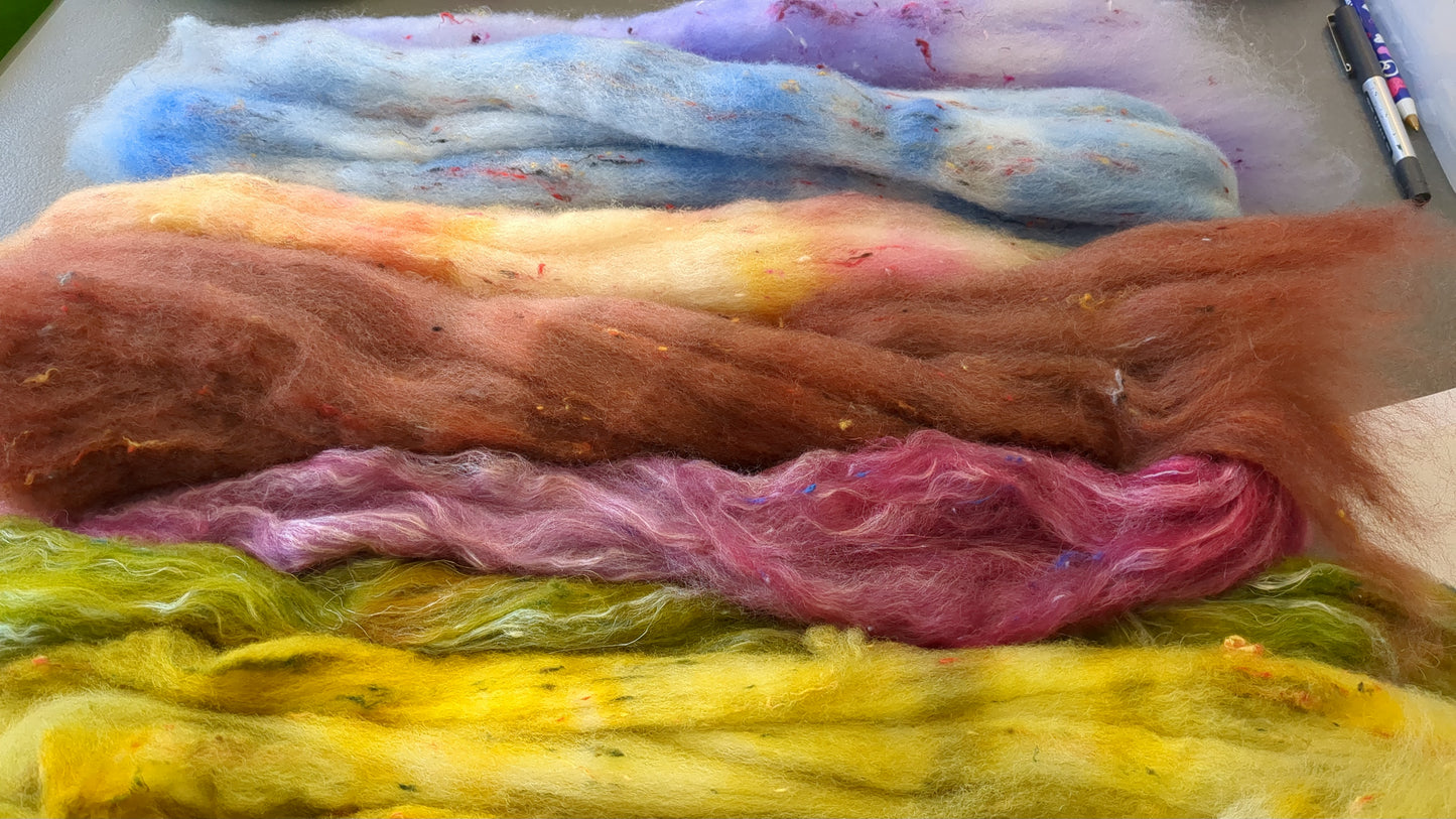hand dyed custom blends with added texture. layers great to needle felt or wet felt 100g OCB01
