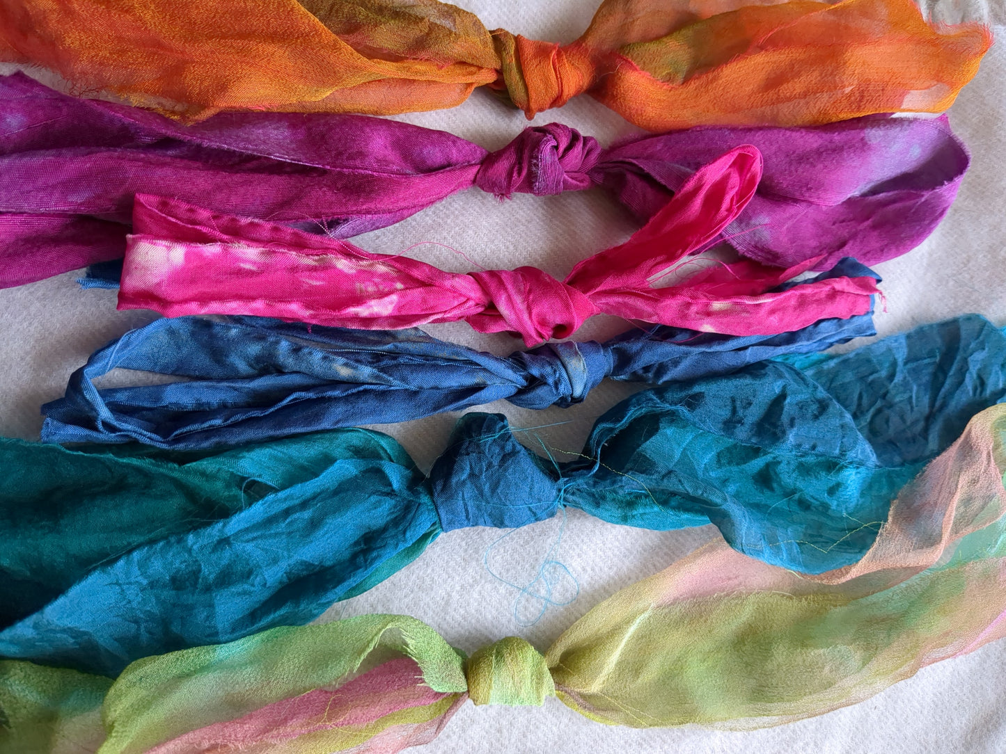 6 assorted hand dyed silk ribbons ass width- SRpk18