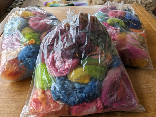 Hand dyed fleece, tops,  blends, mix of textures and types - Bargain Rainbow  200 g pack