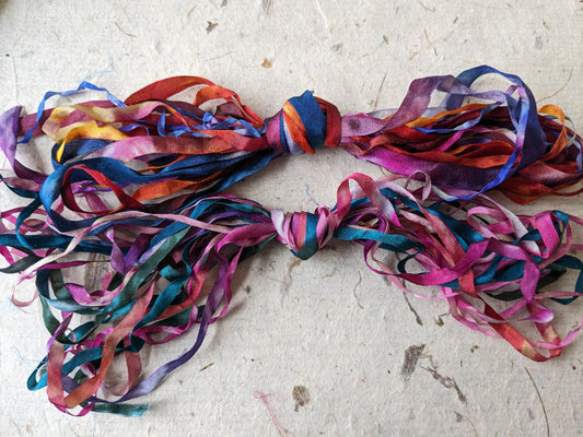 Approx 12m assorted widths of hand dyed silk embroidery ribbons ass width- SR02