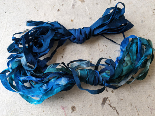 Approx 12m assorted widths of hand dyed silk embroidery ribbons ass width- SR05