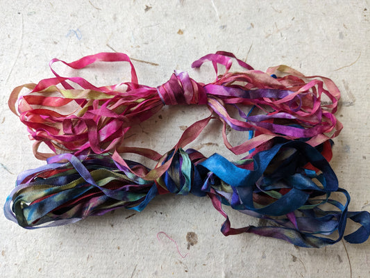 Approx 12m assorted widths of hand dyed silk embroidery ribbons ass width- SR06