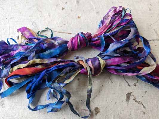 Approx 12m assorted widths of hand dyed silk embroidery ribbons ass width- SR10