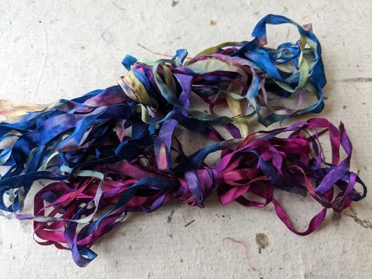 Approx 12m assorted widths of hand dyed silk embroidery ribbons ass width- SR15