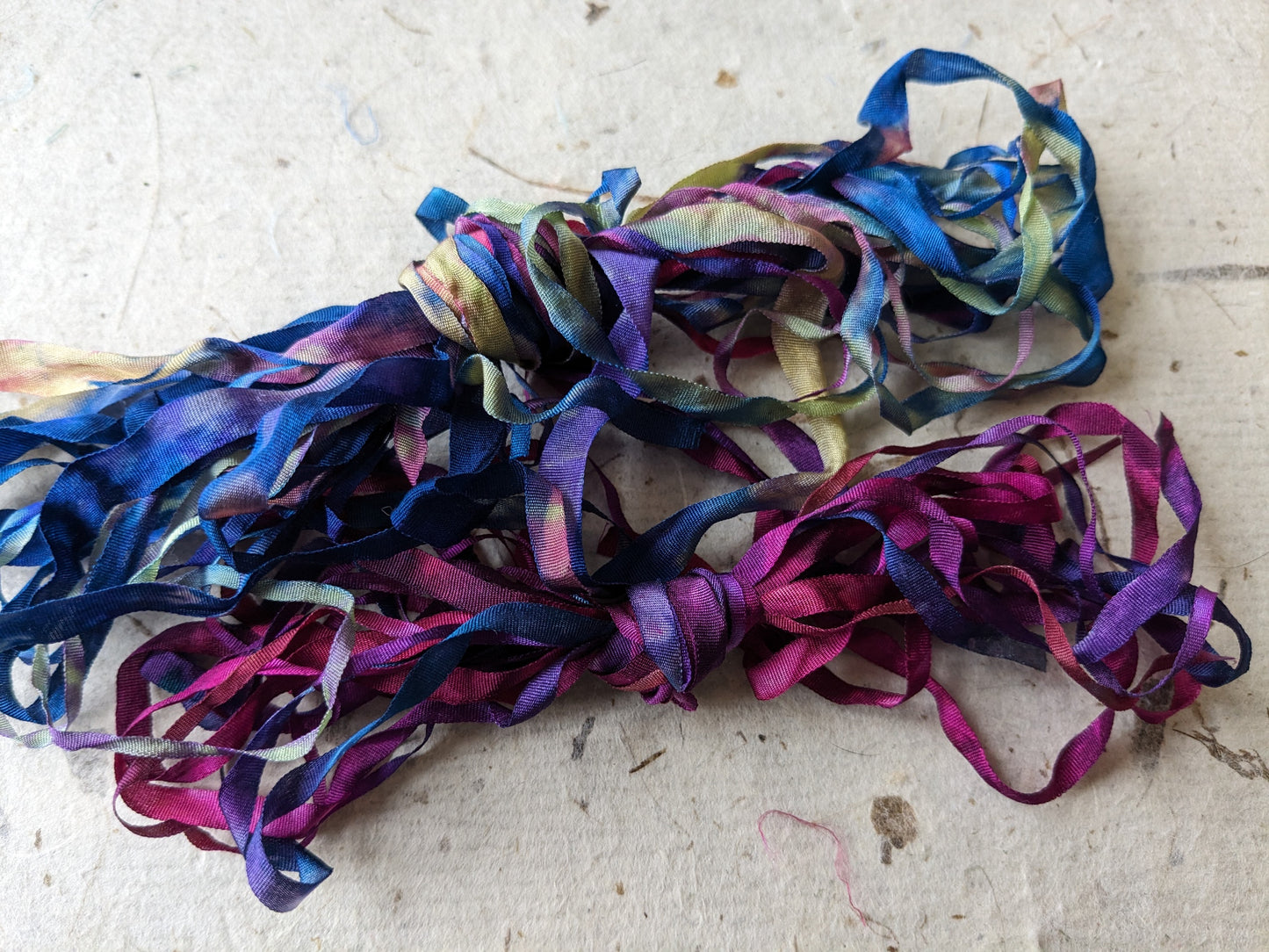 Approx 12m assorted widths of hand dyed silk embroidery ribbons ass width- SR15