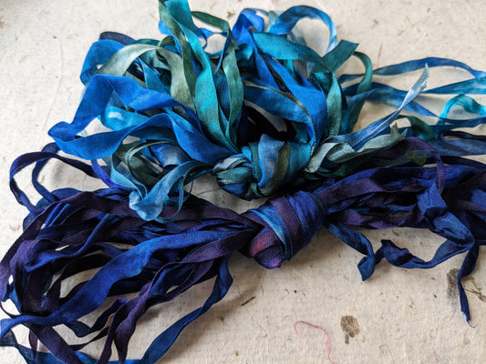 Approx 12m assorted widths of hand dyed silk embroidery ribbons ass width- SR16
