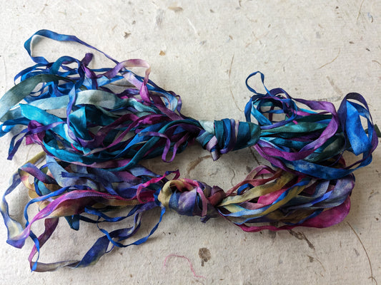 Approx 12m assorted widths of hand dyed silk embroidery ribbons ass width- SR20