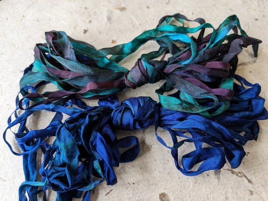 Approx 12m assorted widths of hand dyed silk embroidery ribbons ass width- SR22