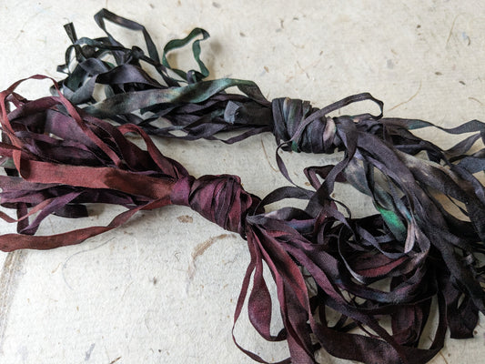 Approx 12m assorted widths of hand dyed silk embroidery ribbons ass width- SR23