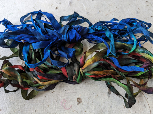 Approx 12m assorted widths of hand dyed silk embroidery ribbons ass width- SR24