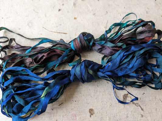 Approx 12m assorted widths of hand dyed silk embroidery ribbons ass width- SR26