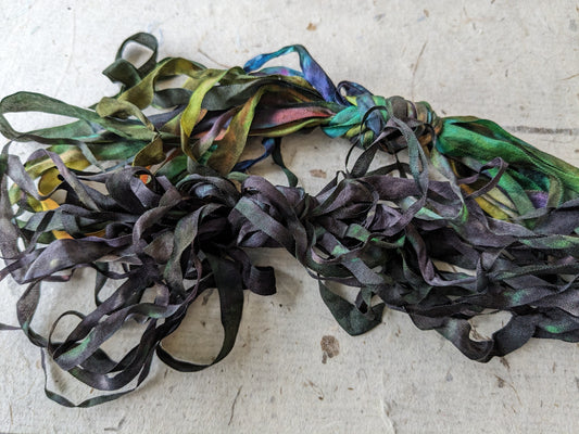 Approx 12m assorted widths of hand dyed silk embroidery ribbons ass width- SR28