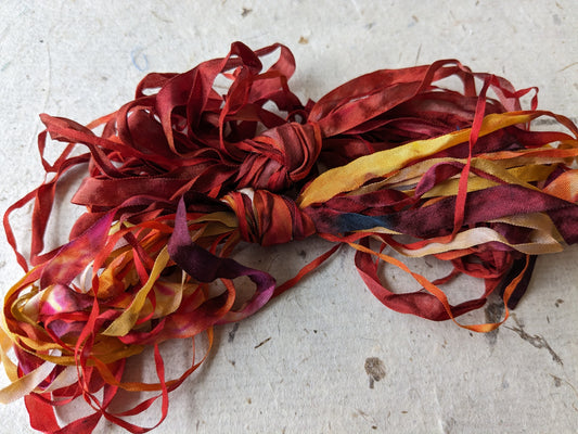 Approx 12m assorted widths of hand dyed silk embroidery ribbons ass width- SR31