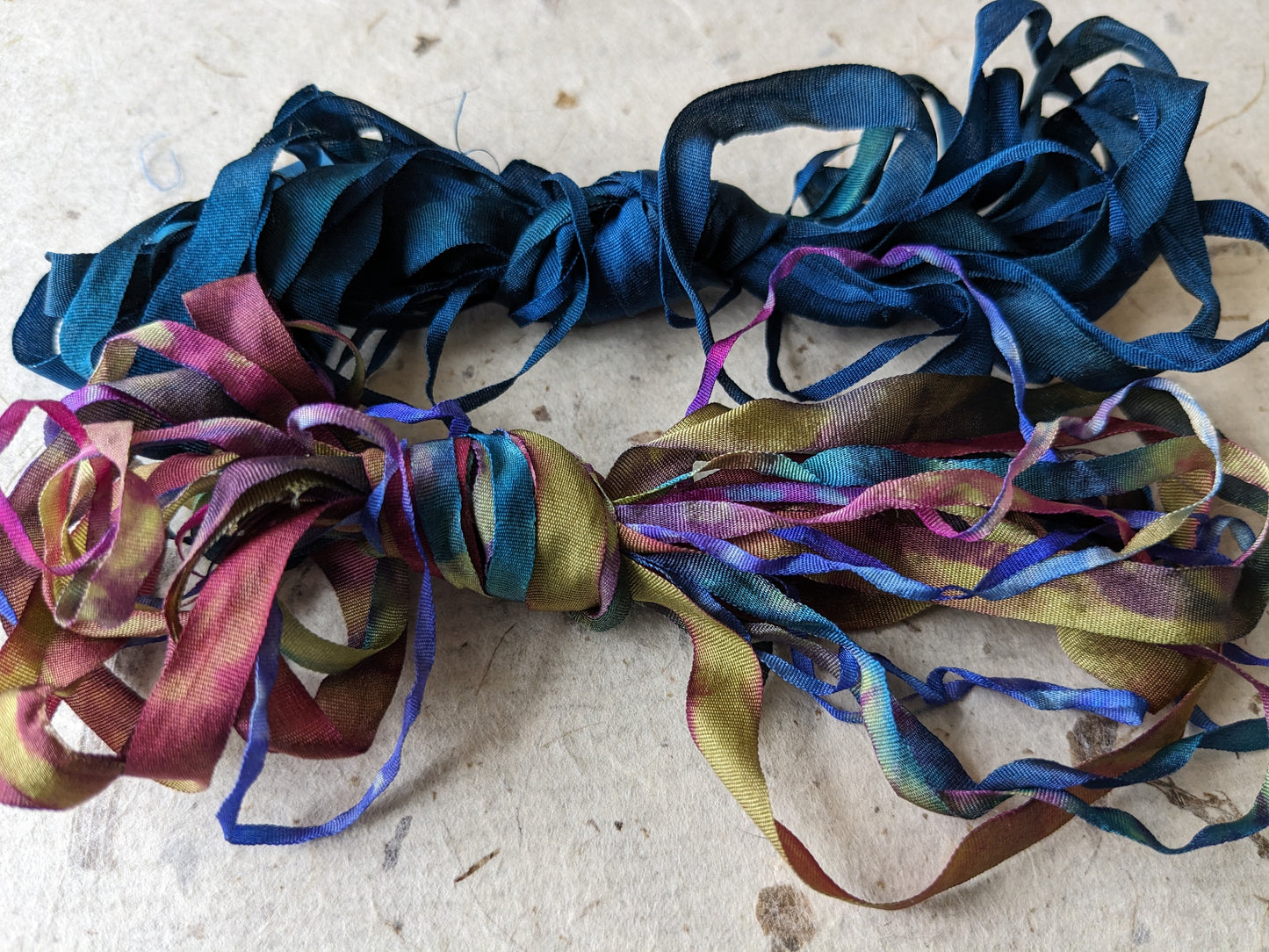 Approx 12m assorted widths of hand dyed silk embroidery ribbons ass width- SR35