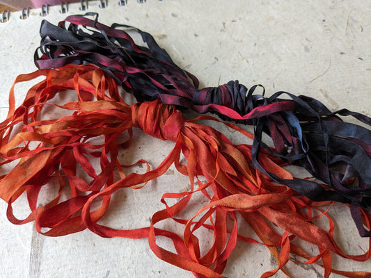 Approx 12m assorted widths of hand dyed silk embroidery ribbons ass width- SR37