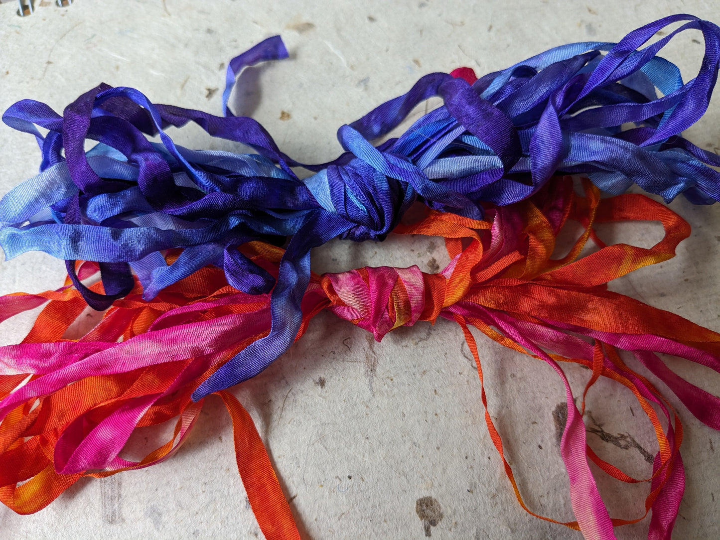 Approx 12m assorted widths of hand dyed silk embroidery ribbons ass width- SR43