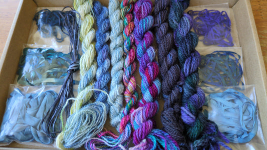 Assorted skeins of hand dyed silk threads, silk ribbons and raffia- a great mix of colours  - Box07