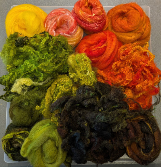 Hand dyed wool mix top with added texture and hand dyed fleece. Great to needle felt or wet felt 140g Autumn 5