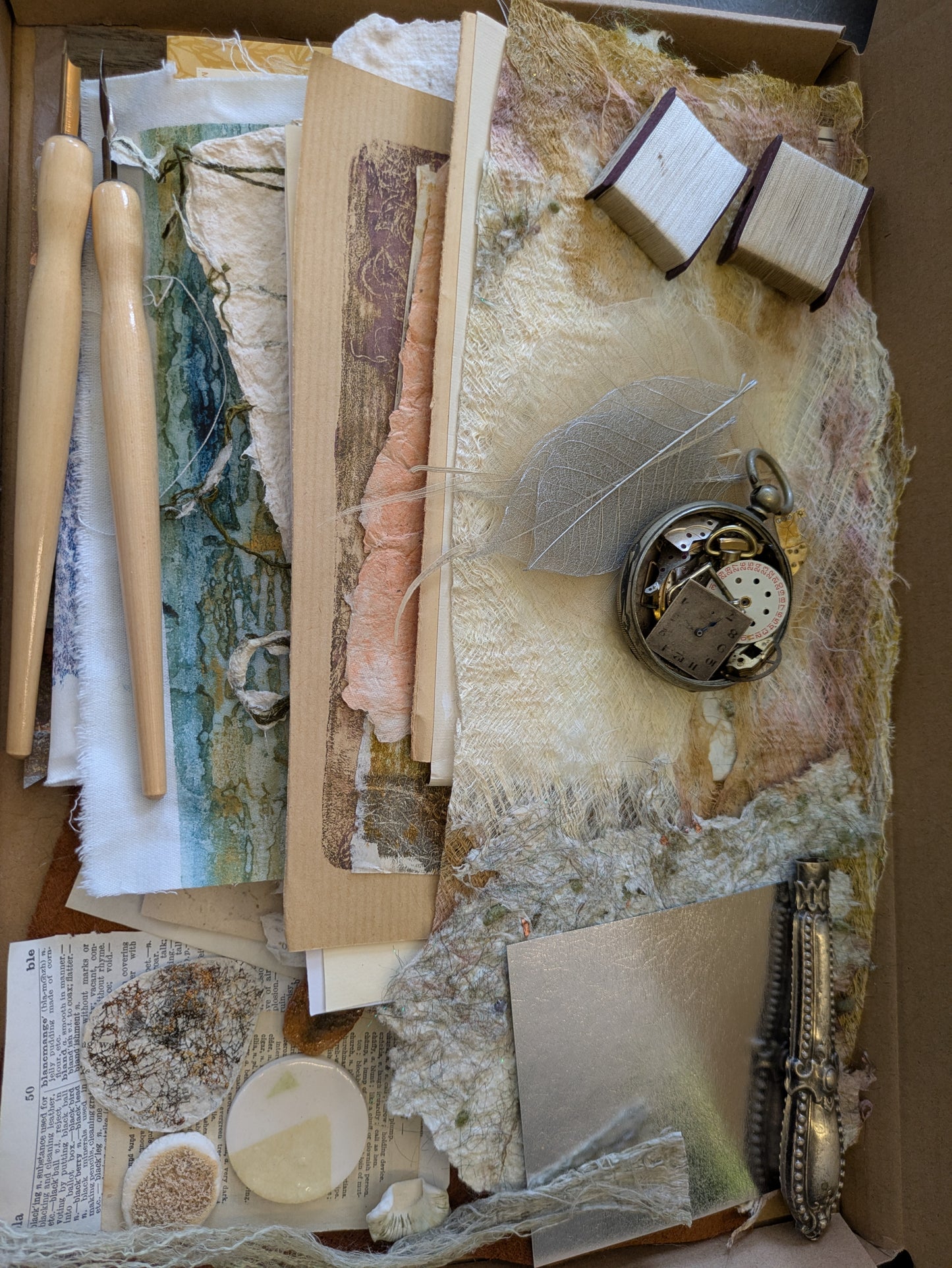Studio destash, A4 box of Mixed media goodies hand made papers, dip pens, watch pieces, ephemera and more MMbox06