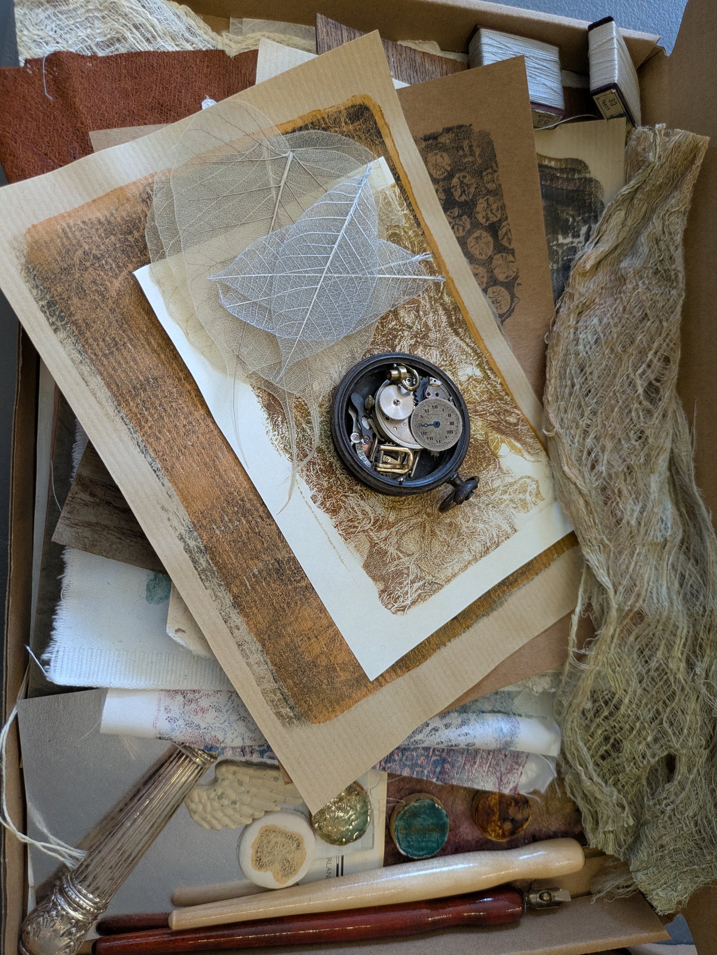 Studio destash, A4 box of Mixed media goodies hand made papers, dip pens, watch pieces, ephemera and more MMbox07