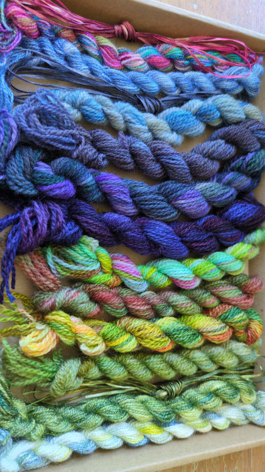 Assorted skeins of hand dyed silk threads, silk ribbons and raffia- a great mix of colours  - Box08