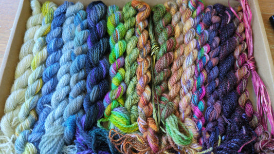 Assorted skeins of hand dyed silk threads, silk ribbons and raffia- a great mix of colours  - Box06