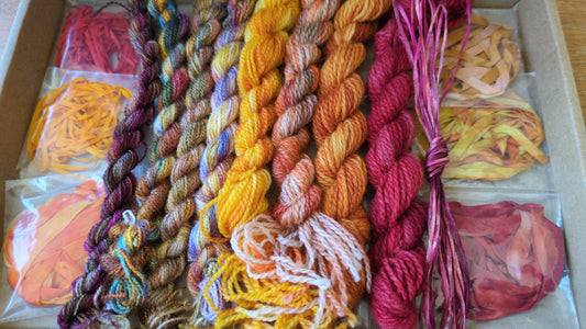 Assorted skeins of hand dyed silk threads, silk ribbons and raffia- a great mix of colours  - Box10
