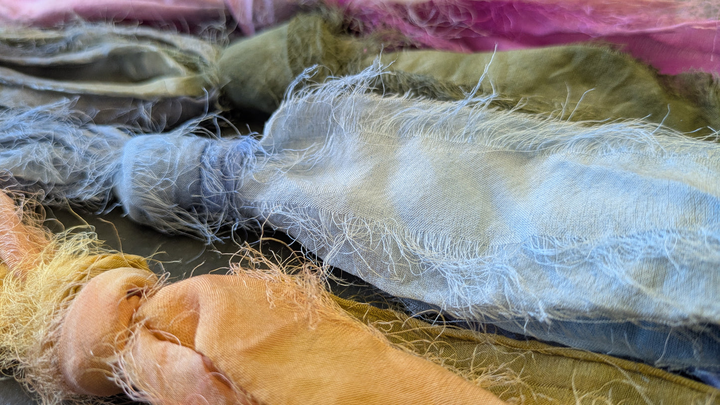 Hand dyed hairy silk ribbons , mixed media textiles HR01