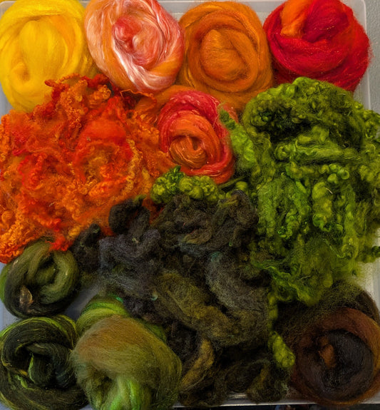Hand dyed wool mix top with added texture and hand dyed fleece. Great to needle felt or wet felt 140g Autumn 4