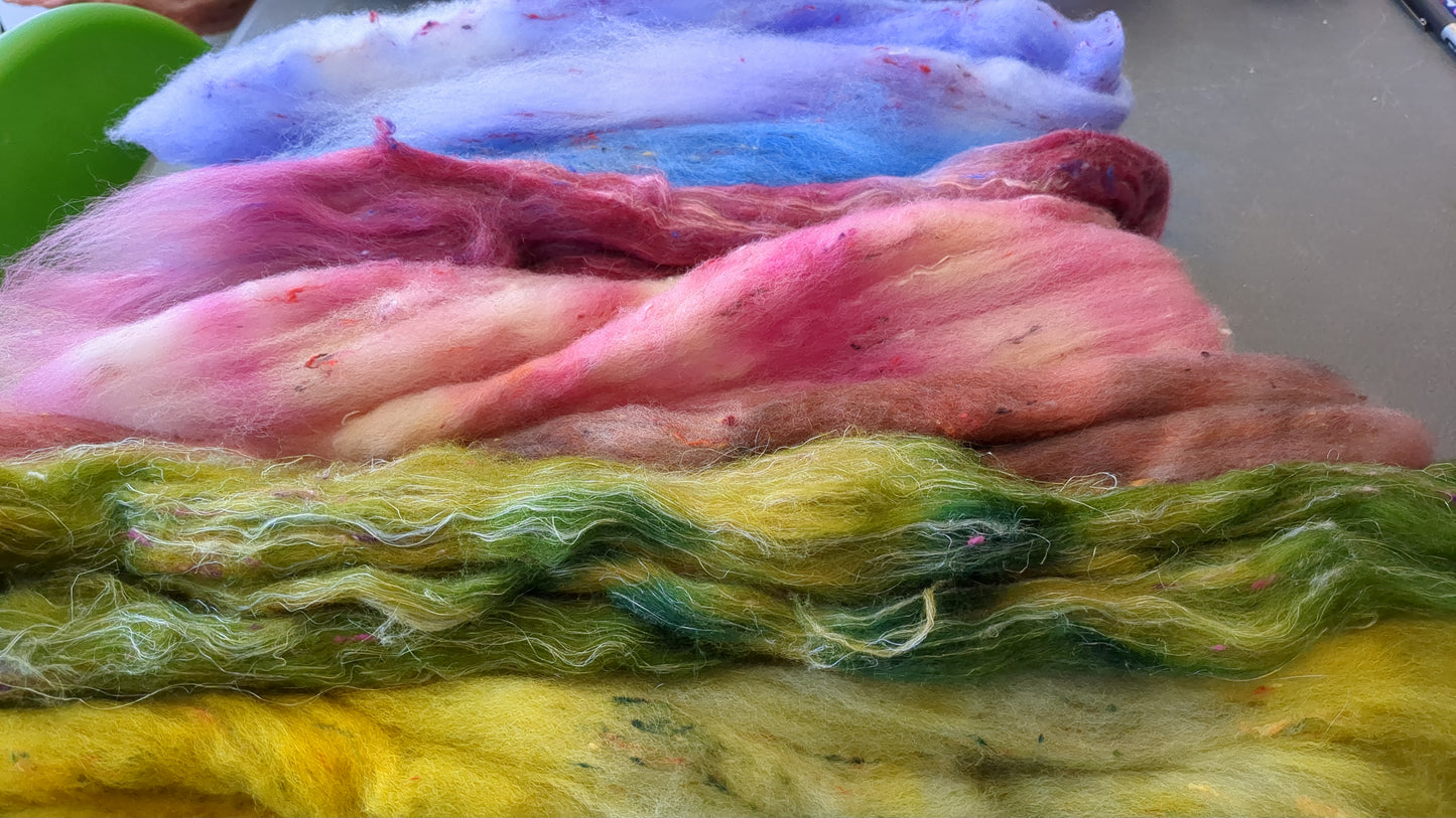 hand dyed custom blends with added texture. layers great to needle felt or wet felt 100g OCB03