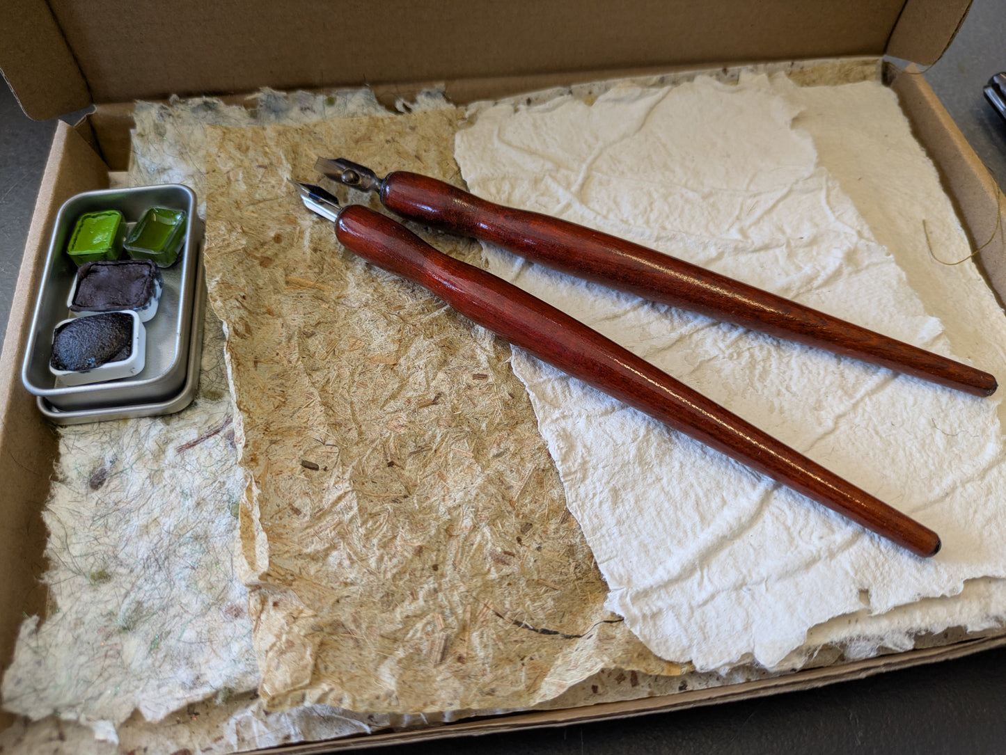 Studio destash, A5 box of hand made papers, dip pens and hand made paint MMbox01