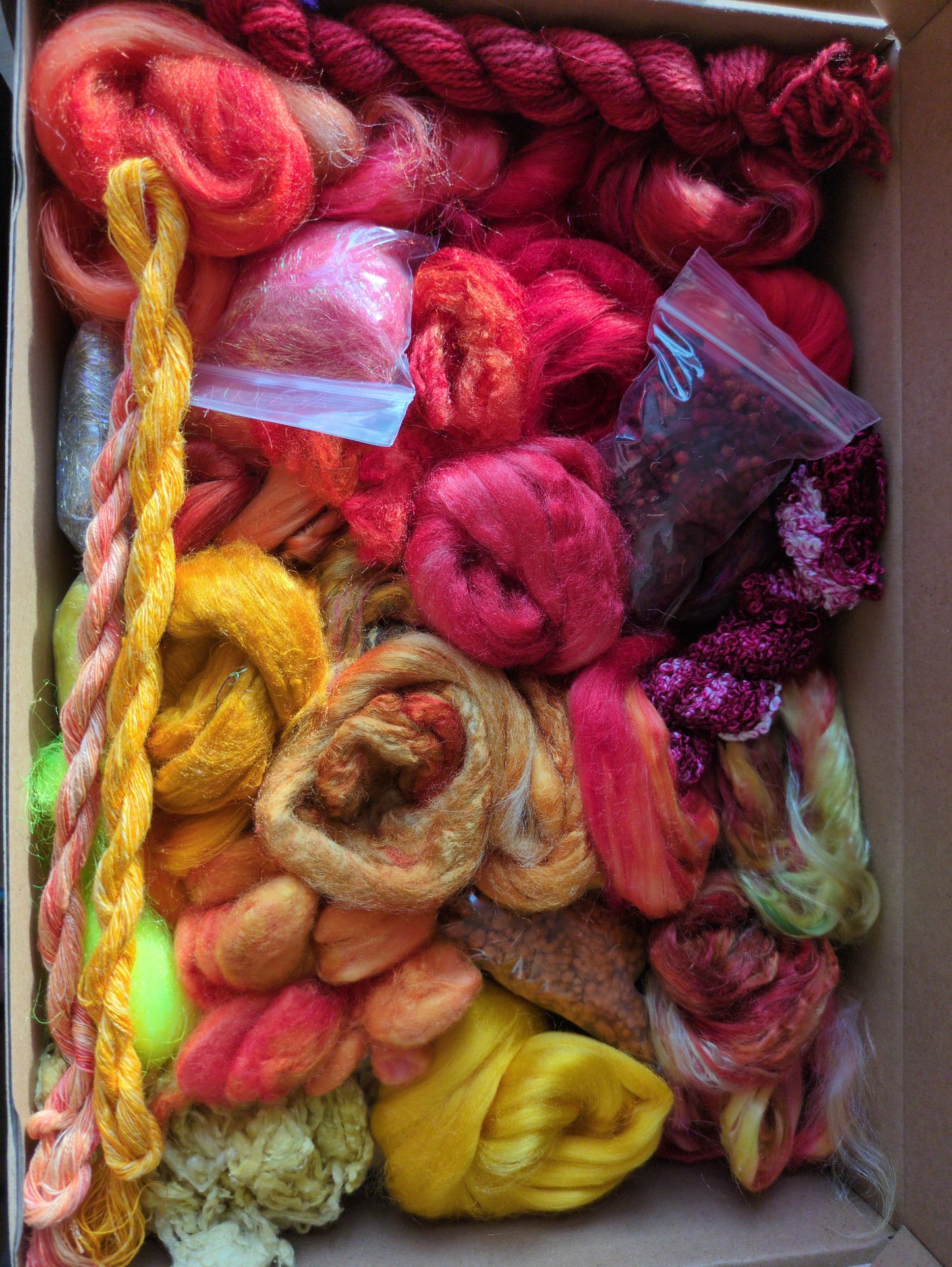 Hand dyed speciality lux texture fibre box -  approx 150g  fibres - box07