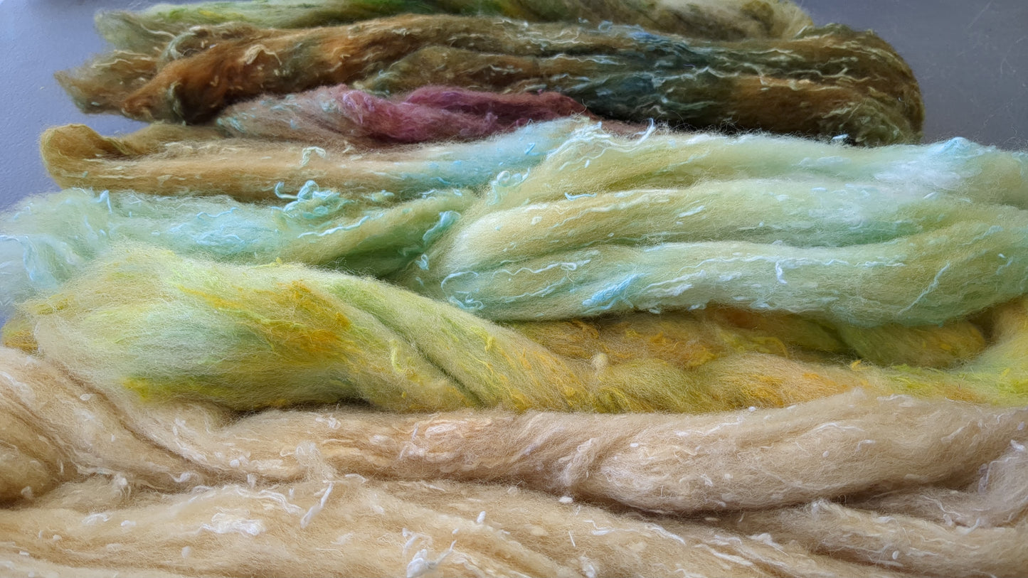 Merino with silk slubs hand dyed layers great to needle felt or wet felt  100g MSS02