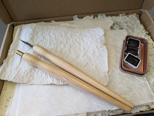 Studio destash, A5 box of hand made papers, dip pens and hand made paint MMbox03