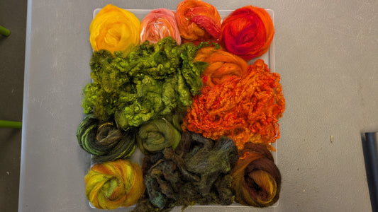 Hand dyed wool mix top with added texture and hand dyed fleece. Great to needle felt or wet felt 140g Autumn 6